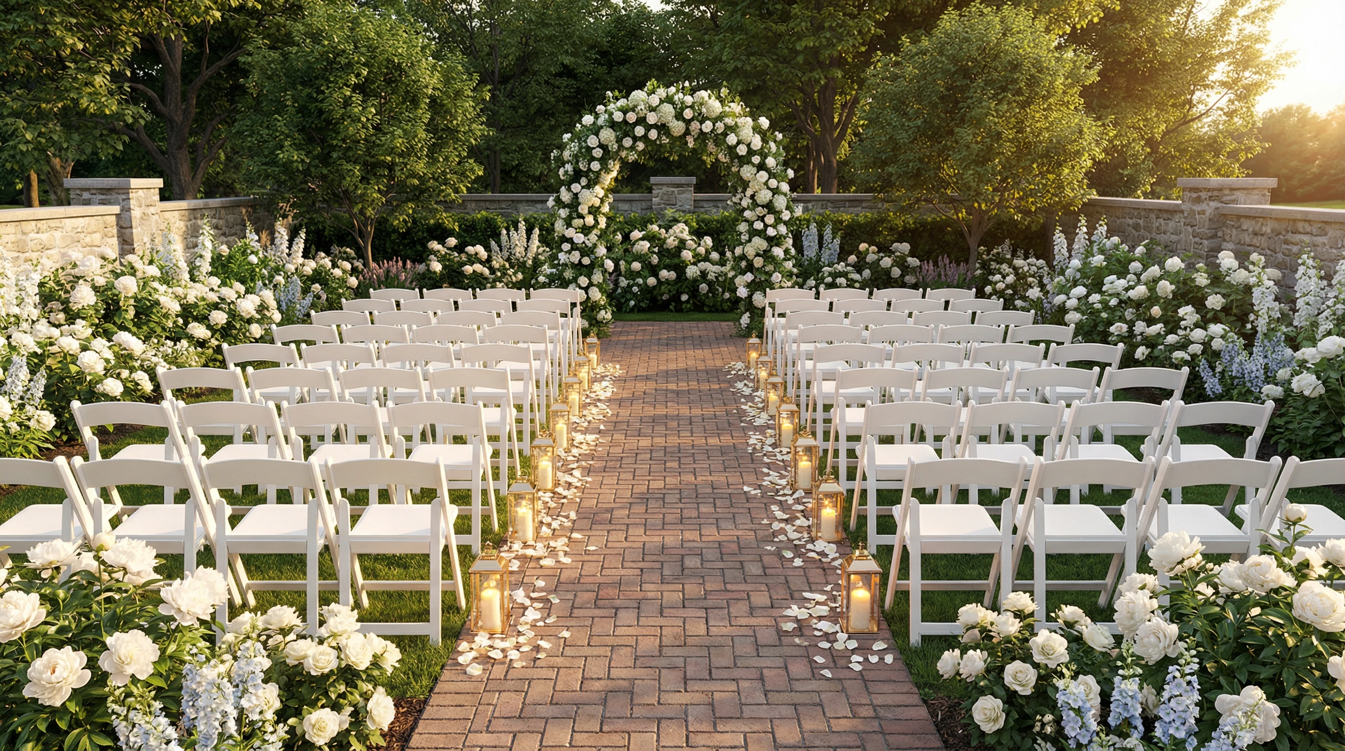 Outdoor wedding ceremony space, 30x40 ft garden area. 