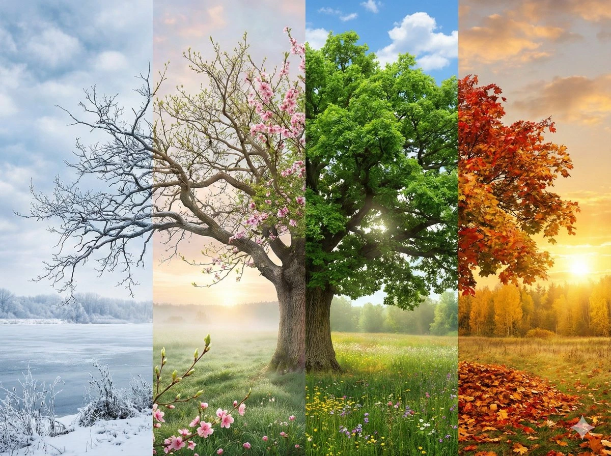 Alt text: A stunning oak tree showing four seasons from left to right - bare winter branches with snow, spring blossoms emerging, full summer green foliage, and autumn's golden-red leaves, all seamlessly blended in one panoramic composition